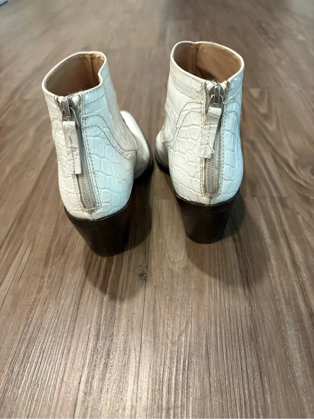 Zara White Croc-Embossed Pointed Toe Ankle Booties